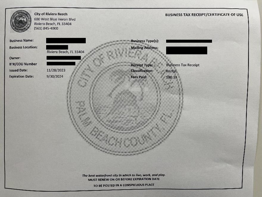 Business license displayed