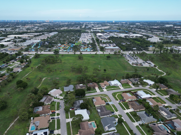 Aerial view of lone pine estates with Rapids water park in the distance